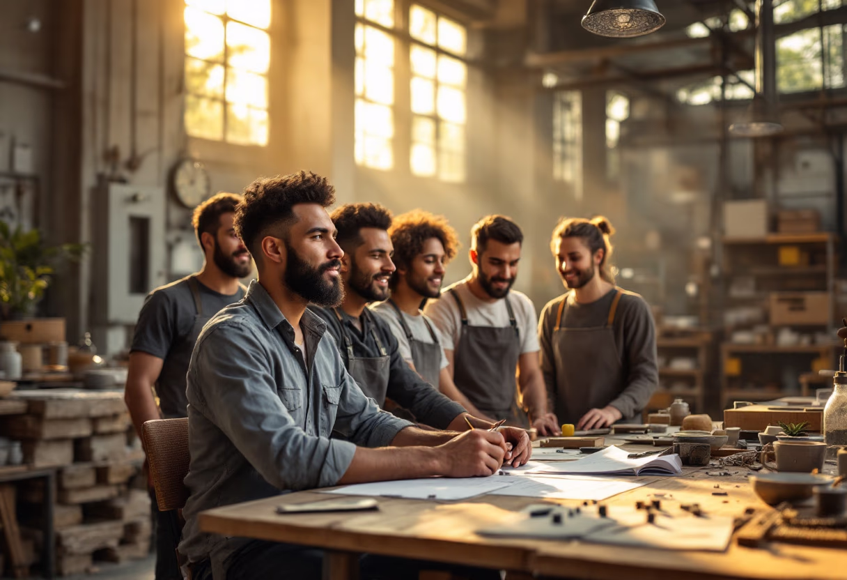 image depicting employees collaborating (for a manufacturing plant)